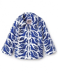 Juicy Couture styles this cool cotton jacket with a crafty interlocking bird print, following a pattern of glam updates we love to see.