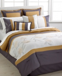 Intricate blossoms sit upon a pristine white ground in this Nylo comforter set, featuring simple solids and stripe accents for a charming presentation. Comes complete with shams, bedskirt and two decorative pillows to transform the bedroom into a relaxing retreat.