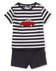 This perfectly paired 2-pc. set from Hartstrings features a nautical striped top with an adorable car riding dog on front and classic navy cargo shorts to complete the ensemble.