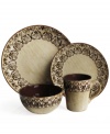 With a design that hails from Asia, the Mehndi dinnerware set by Jay Imports is an exotic beauty for every day of the week. Rustic earthenware in contemporary coupe shapes is complemented by rich coffee colors.