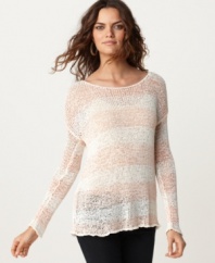 In a sheer open-stitch knit, this Kensie striped sweater is perfect for a relaxed model-off-duty look!