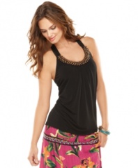 Rich wooden beading touches on Brasilian influences making this Calvin Klein tank a perfect contrast to a bold print!