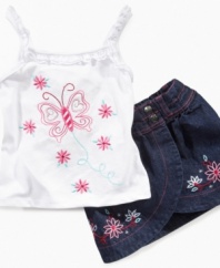 Embroidered flowers and a beautiful butterfly accent this hip tank and skort set from KHQ.