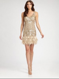 Shimmering sequins and lush ostrich feathers give this chic design a distinctly 1920s sensibility.V necklineSleevelessSequined embroideryOrganza petal appliquésOstrich feather trimConcealed side zipFully linedAbout 20 from natural waistNylonSpot cleanImportedModel shown is 5'11 (180cm) wearing US size 4. 
