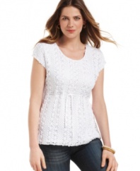 A drawstring waist shows off the flattering shape of Fever's charming crocheted sweater. Chic short sleeves give it an appeal that spans the seasons.