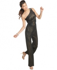 Be sexy-chic in Sugar & Spice's one-shoulder jumpsuit. Outfitted with a super sparkly metallic shimmer and a beaded shoulder strap, it's perfect for nighttime!