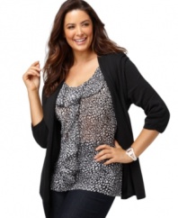 Snag a chic two-for-one special with Elementz' three-quarter sleeve plus size top, including an open front cardigan and printed inset.
