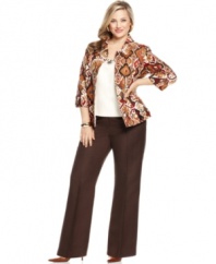An ikat-inspired printed jacket and a bit of beading at the neckline of the coordinating top give this plus size suit from Tahari by ASL suit fashionable flair.