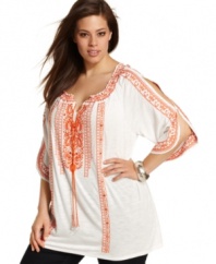 Bohemian styling highlights INC's three-quarter sleeve plus size peasant top for an on-trend look.