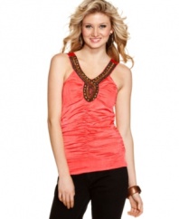 Evoke global cool with this top from Sequins Hearts, where gorgeous beadwork punctuates an awesome ruched tank!