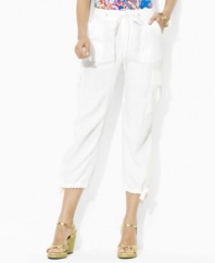 Soft, breathable linen and a cropped-leg silhouette add elegant charm to a traditionally rugged cargo pants for a cool, comfortable fit, from Lauren by Ralph Lauren.