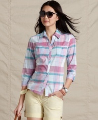 The basic button-front shirt gets revamped with a pastel plaid print from Tommy Hilfiger. Pair it with anything from sporty shorts to denim capris!