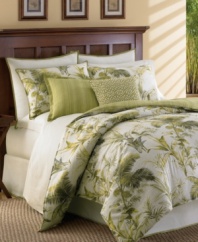 The Island Botanical comforter set captures exotic flora in a powerful shade of green over a pure ivory ground. Double needle stitching and contrast piping along the edges enhance this invigorating design from Tommy Bahama. Flip the comforter for a coordinating string stripe design in kiwi.