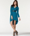 An asymmetrical hi-lo hem adds unexpected edge to this Bar III wrap-style dress -- wear it day to night!