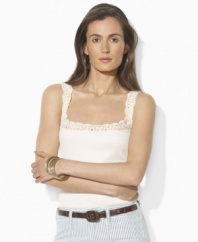 Delicate crochet detailing at the neckline and straps lends a charming vintage aesthetic to Lauren by Ralph Lauren's soft ribbed-knit cotton tank.