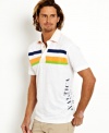 Of a different stripe. Pull on this striped polo with a bright contrasting color underneath the collar for a bold, unique look.