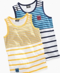 Walk the line. He'll have no trouble keeping in step with style and comfort in one of these striped tanks from Akademiks.