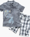 He will be the champion of casual cool in this graphic polo shirt and plaid shorts set from Greendog.