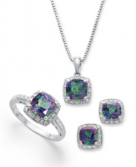 Illuminate your look. Round-cut mystic topaz (4-3/4 ct. t.w.) and sparkling diamond accents adorn this pretty matching jewelry set. Includes a pendant, stud earrings and ring in sterling silver. Approximate necklace length: 18 inches. Approximate drop: 1/2 inch. Approximate earring diameter: 1/4 inch. Size 7.