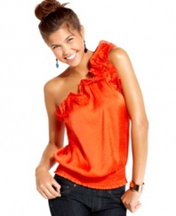 A flood of orangey hue makes this elegant, one-shoulder top a glorious companion to your skinny jeans! From Sequin Hearts.