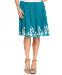 A bold color and dainty embroidery combine for a must-have summery skirt from Charter Club. Try it with a breezy blouse tucked in or out!