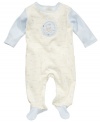 He's happy and he knows it. And everyone else will too in this cute, cozy footed coverall from Bon Bebe.