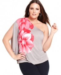 Blossom beauty with INC's one-shoulder plus size top, accented by a bold floral-print.