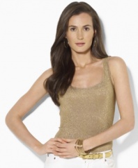 Crafted with a hint of stretch for a body-conscious fit, Lauren by Ralph Lauren's tank transforms into an eye-catching essential with allover glittering metallic threads.