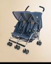 An all purpose, stylish and lightweight buggy for two with a high-performance aluminum frame and carry handle for easy storage and portability.Five second one-hand compact umbrella foldWeighs about 23 poundsMultiple seat position reclineRemovable