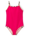 In sweet pea pink, this one-piece Burberry swimsuit adds vibrant poolside style to adventurous afternoons.