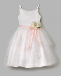 The perfect party dress for your little girl with cascading layers of tulle. Waist is accented with thin ribbon sash and oversized flower detail. Subtle scoop neckline, spaghetti straps and full skirt. Finished with five faux buttons and a concealed zip at the back.