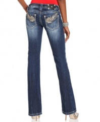 Wing embroidery and rhinestones add eye-catching appeal to these Miss Me bootcut jeans -- perfect for daytime glam!