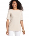 Karen Scott's easy top features a boat neckline and elbow-length sleeves for a slimming silhouette every day.