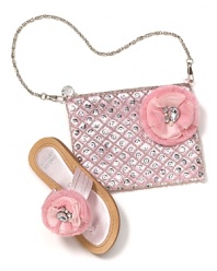 This fabulous set from Stuart Weitzman puts your little fashionista on a stylish path. The sandle is topped with a rhinestone rosette, cutely complementing the super shiny purse.