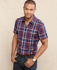 Get fit this summer with this slim plaid shirt. As part of the Tommy Hilfiger Indigo Collection, it's an instant casual classic.