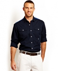 Steer your way to casual cool with this woven shirt from Nautica.