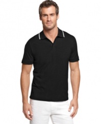 A quick style tip: contrast collars are cool details for your polo look like this one from Perry Ellis.