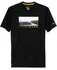Added support. The power combination of Dri-Fit technology and a LIVESTRONG® graphic keep you comfortable and inspired for top performance in this Nike t-shirt. Join Lance Armstrong and Nike in supporting those living with cancer today.