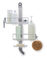 Create more space in your bath with simplehuman's Adjustable Shower Caddy. Featuring adjustable shelves that fit bottles of multiple sizes, as well as hooks and compartments  for razors, toothbrushes, soap and other accessories. Also features rust-and-corrosion resistant stainless steel.