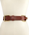 Add some equestrian flair to any outfit with this luxe leather belt from Lauren by Ralph Lauren. Exquisitely decorated with stunning, gold-tone brass buckles and logo-embossed detailing, the look is endlessly elegant.