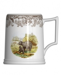 Enjoy the outdoors more. Illustrated with black bears and Spode's 1828 British flowers border, the Woodland tankard beer mug offers a brand new way to toast and take in the scenery. Bear and cub appear on both sides of mug.