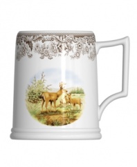Enjoy the outdoors more. Illustrated with gentle mule deer and Spode's 1828 British flowers border, the Woodland tankard beer mug offers a brand new way to toast and take in the scenery. Deer appear on both sides of mug.