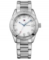 Red, white and blue classic cool from Tommy Hilfiger. Watch crafted of stainless steel bracelet and round case. White logo-patterned dial features silver tone Arabic numerals, applied stick indices, minute track, iconic flag logo at twelve o'clock and blue three hands. Quartz movement. Water resistant to 30 meters. Ten-year limited warranty.