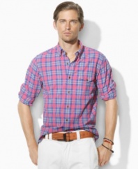 A bold, bright plaid enlivens a trim-fitting workshirt in soft dobby-woven cotton.
