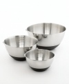 A bowl with a stable surface and measurement markings will make any mixing task a pleasure to perform. These bowls are made from classic stainless steel, but feature a thoughtfully designed silicone base to help keep a nonskid bond with any surface. Limited lifetime warranty.