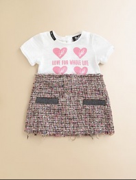 A sweet heart print tee on top and a chic, chunky tweed below create a charming combination for your young style maven.Round necklineShort sleevesFront screenBack buttonsTweed skirt frayed at waist and hemFaux pocket openings54% cotton/38% viscose/6% polyamide/2% acetateDry cleanImported