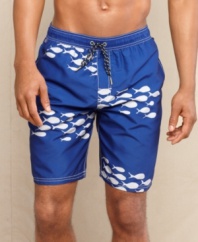 Reel in some seasonal style with these fish graphic swim trunks from Tommy Hilfiger.