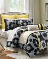 Thoroughly modern, bold blooms and polka dots in a chic black and white color scheme intertwine in this Jolee comforter set. Decorative pillows and shams draw in pops of yellow for a touch of brightness, while coordinating coverlet offers a light layering option.