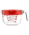 The essential companion for every precision space. This oversized glass measuring cup features easy-to-read markings on the inside and outside of the cup, so you always have a great read on the task at hand. A sturdy handle makes it simple to mix, measure and pour, while the included BPA-free lid lets you store leftover batter for later. 2-year warranty.
