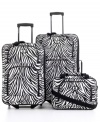 Go wild. Take control. This safari-style luggage set stands out in zebra stripes, mixing in handy travel features -- like expandability options on both uprights -- to carry you effortlessly to your next destination. Five-year warranty.